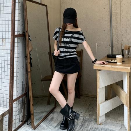 BY24746# 反叛人生天丝羊毛条纹印花斜肩蝙蝠袖T恤女夏显瘦短袖  服裝批發女裝批發服飾貨源