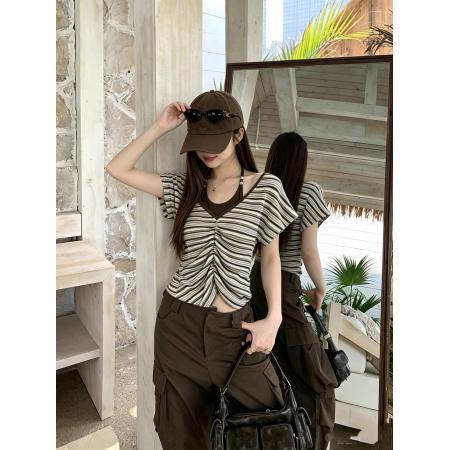 BY24747# 夏季条纹新款韩版通勤风修身挂脖设计百搭短袖上衣  服裝批發女裝批發服飾貨源