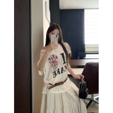 BY24748# 夏季美式复古字母斜领短袖上衣慵懒感韩版宽松露肩T恤  服裝批發女裝批發服飾貨源
