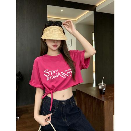 BY24749# 时尚小众字母印花设计感圆领修身显瘦百搭休闲别致T恤女  服裝批發女裝批發服飾貨源