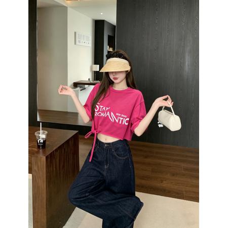 BY24749# 时尚小众字母印花设计感圆领修身显瘦百搭休闲别致T恤女  服裝批發女裝批發服飾貨源