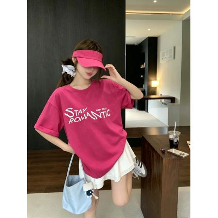 BY24749# 时尚小众字母印花设计感圆领修身显瘦百搭休闲别致T恤女  服裝批發女裝批發服飾貨源