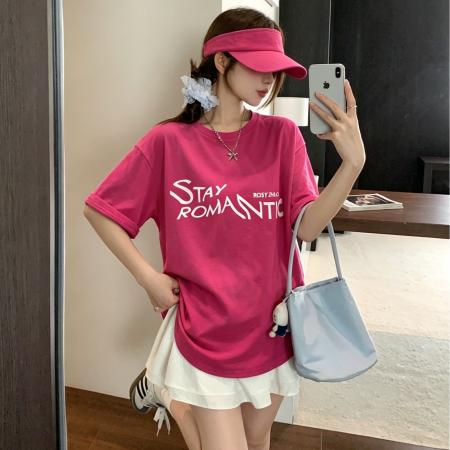 BY24749# 时尚小众字母印花设计感圆领修身显瘦百搭休闲别致T恤女  服裝批發女裝批發服飾貨源
