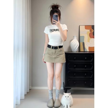 BY24781# 夏季辣妹修身显瘦短袖上衣高腰遮胯休闲短裙美式气质两件套潮