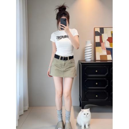 BY24781# 夏季辣妹修身显瘦短袖上衣高腰遮胯休闲短裙美式气质两件套潮