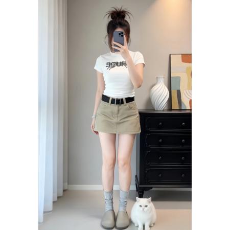 BY24781# 夏季辣妹修身显瘦短袖上衣高腰遮胯休闲短裙美式气质两件套潮