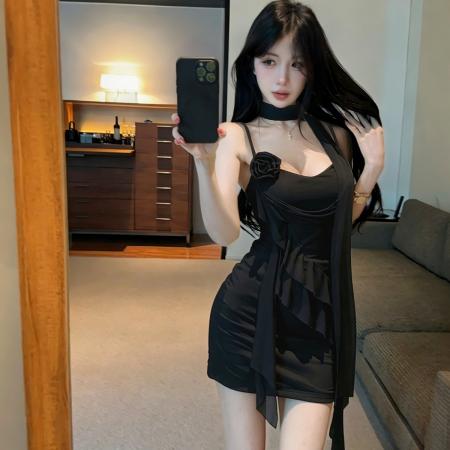 BY24789# 甜妹温柔黄色吊带裙露背不规则短裙