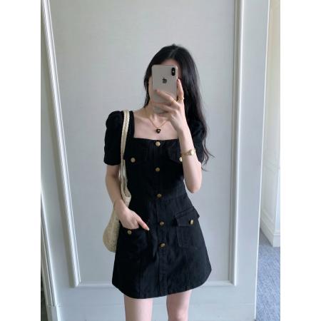 BY24792# 气质翻领口袋牛仔时尚连衣裙胖MM藏肉黑色牛仔裙女