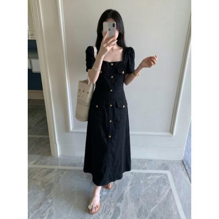 BY24792# 气质翻领口袋牛仔时尚连衣裙胖MM藏肉黑色牛仔裙女