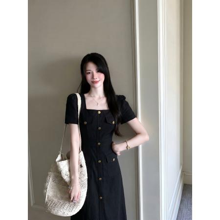 BY24792# 气质翻领口袋牛仔时尚连衣裙胖MM藏肉黑色牛仔裙女