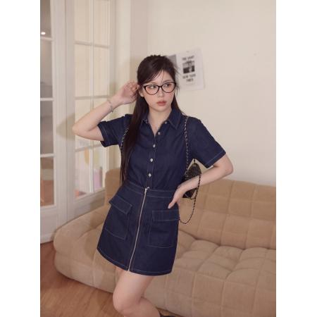 BY24799# S-4XL夏季胖mm新款设计感假两件凉感仿牛仔连衣裙气质短裙
