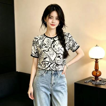 BY24801# 印花真丝短袖t恤女新款夏季薄款气质小衫宽松桑蚕丝上衣