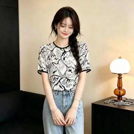 BY24801# 印花真丝短袖t恤女新款夏季薄款气质小衫宽松桑蚕丝上衣