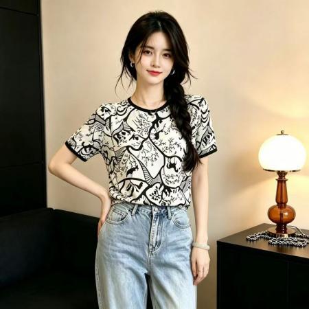 BY24801# 印花真丝短袖t恤女新款夏季薄款气质小衫宽松桑蚕丝上衣