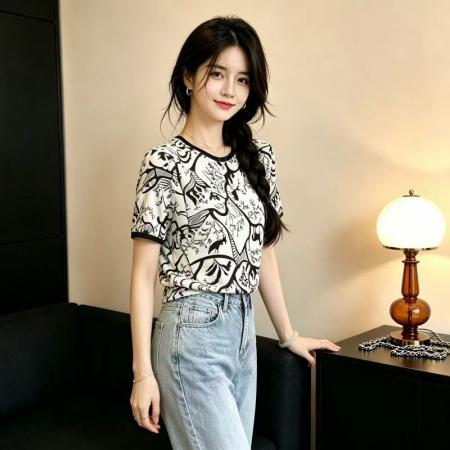 BY24801# 印花真丝短袖t恤女新款夏季薄款气质小衫宽松桑蚕丝上衣