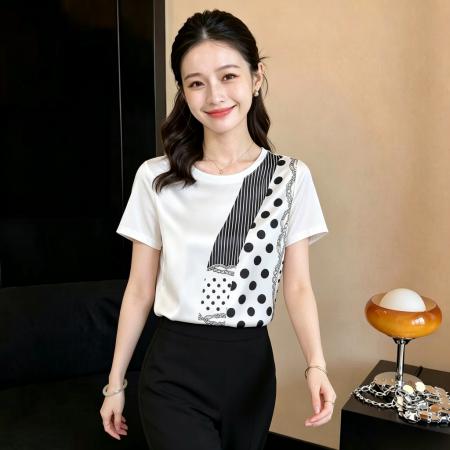 BY24802# 夏装新款时尚圆领拼仿真丝波点白色短袖T恤女小众上衣女