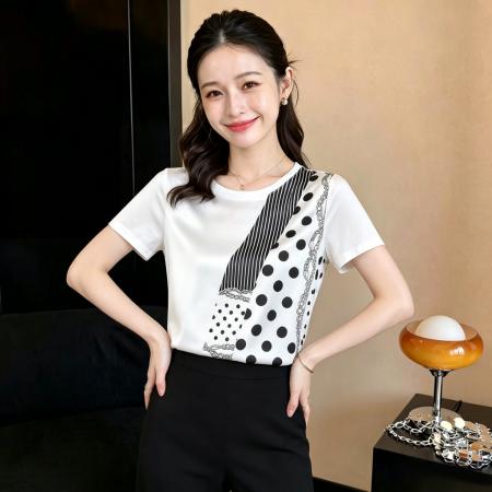 BY24802# 夏装新款时尚圆领拼仿真丝波点白色短袖T恤女小众上衣女