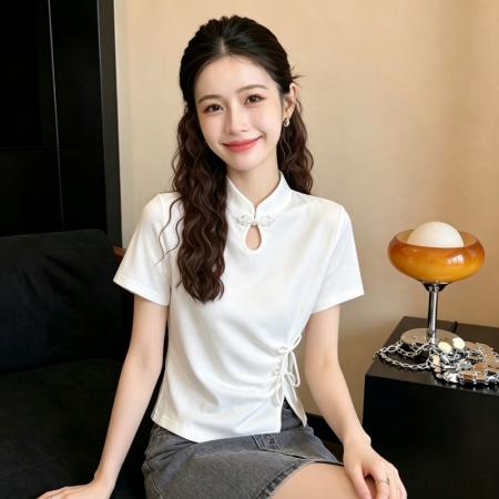 BY24803# 新中式国风短袖t恤女夏季白色洋气减龄独特别致小众上衣