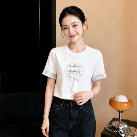 BY24807# 夏季气质国潮刺绣盘扣短袖t恤别致国风小衫新中式通勤上衣