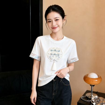 BY24807# 夏季气质国潮刺绣盘扣短袖t恤别致国风小衫新中式通勤上衣