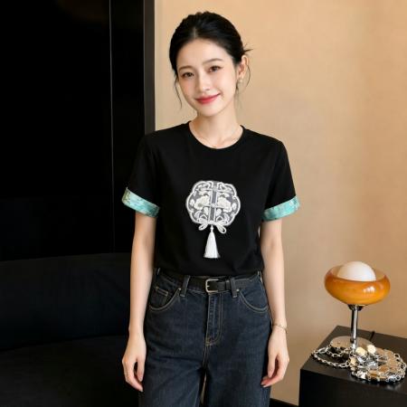 BY24807# 夏季气质国潮刺绣盘扣短袖t恤别致国风小衫新中式通勤上衣