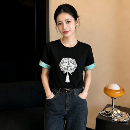 BY24807# 夏季气质国潮刺绣盘扣短袖t恤别致国风小衫新中式通勤上衣
