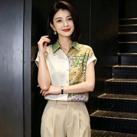 BY24808# 视错觉印花上衣拼接碎花衬衫女夏薄款设计感小众气质衬衣
