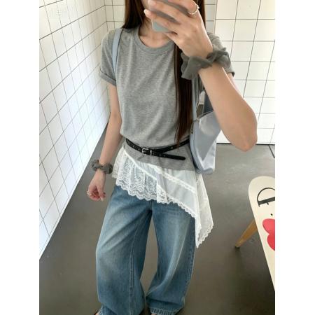 BY24815# 韩气假两件蕾丝拼接T恤新款短不规则上衣送皮带
