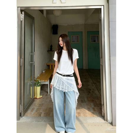 BY24815# 韩气假两件蕾丝拼接T恤新款短不规则上衣送皮带