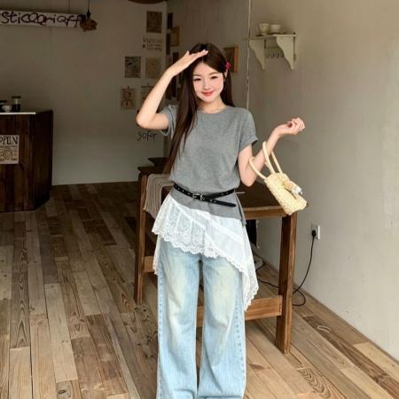 BY24815# 韩气假两件蕾丝拼接T恤新款短不规则上衣送皮带