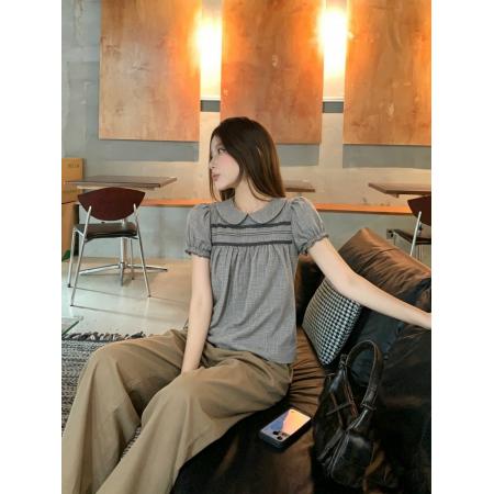 BY24816# 甜美形象娃娃领蕾丝花边泡泡袖衬衫设计感上衣