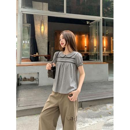 BY24816# 甜美形象娃娃领蕾丝花边泡泡袖衬衫设计感上衣