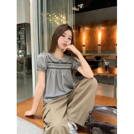 BY24816# 甜美形象娃娃领蕾丝花边泡泡袖衬衫设计感上衣