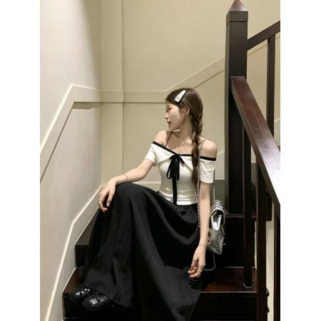 BY24818# 一整套法式撞色一字领绑带上衣+半身裙两件套