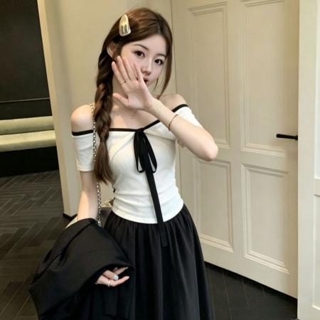 BY24818# 一整套法式撞色一字领绑带上衣+半身裙两件套