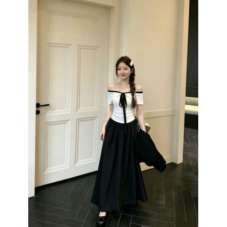 BY24818# 一整套法式撞色一字领绑带上衣+半身裙两件套
