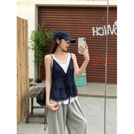 BY24819# 设计感百搭蛋糕边正肩背心上衣夏绑带开衫两件套