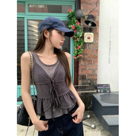 BY24819# 设计感百搭蛋糕边正肩背心上衣夏绑带开衫两件套