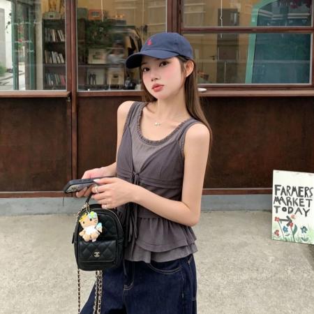 BY24819# 设计感百搭蛋糕边正肩背心上衣夏绑带开衫两件套