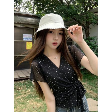 BY24820# 黑色波点V领正肩雪纺衫女夏绑带收腰洋气上衣