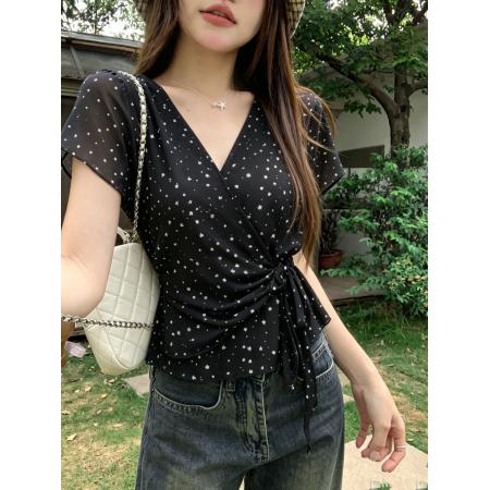 BY24820# 黑色波点V领正肩雪纺衫女夏绑带收腰洋气上衣