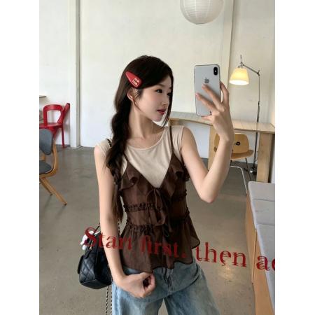 BY24821# 设计感系带吊带叠穿短袖t恤两件套时尚宽松显瘦上衣