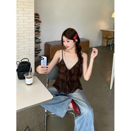 BY24821# 设计感系带吊带叠穿短袖t恤两件套时尚宽松显瘦上衣