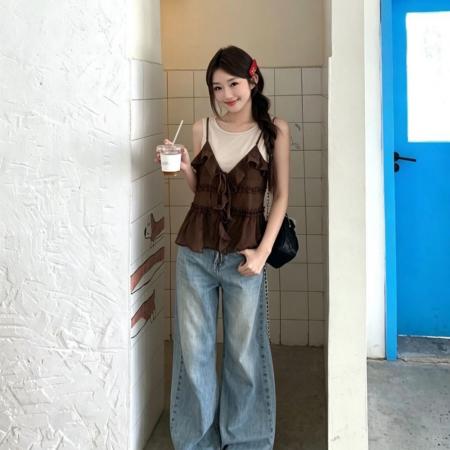 BY24821# 设计感系带吊带叠穿短袖t恤两件套时尚宽松显瘦上衣
