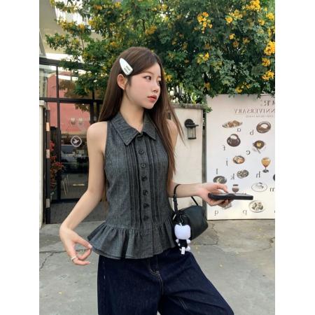 BY24822# 清冷气质感夏季灰杂色无袖衬衫上衣女背心外穿