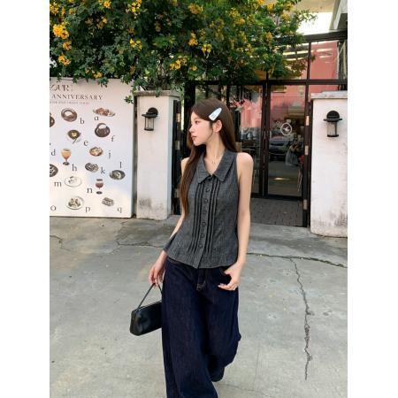 BY24822# 清冷气质感夏季灰杂色无袖衬衫上衣女背心外穿