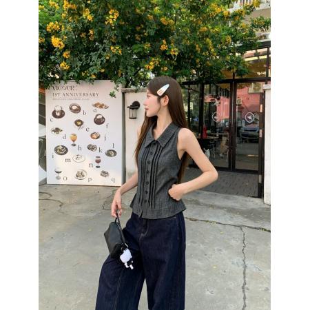BY24822# 清冷气质感夏季灰杂色无袖衬衫上衣女背心外穿