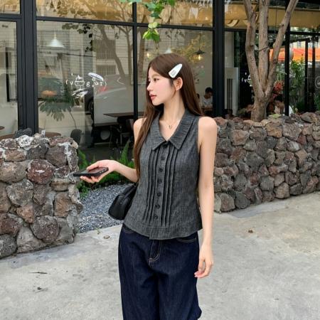 BY24822# 清冷气质感夏季灰杂色无袖衬衫上衣女背心外穿