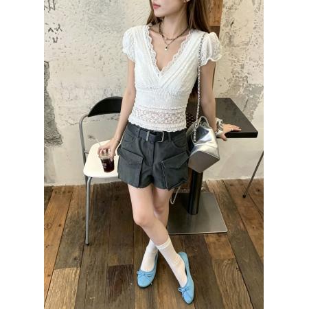 BY24823# 法式蕾丝T恤女夏季V领收腰修身短款小衫小衣