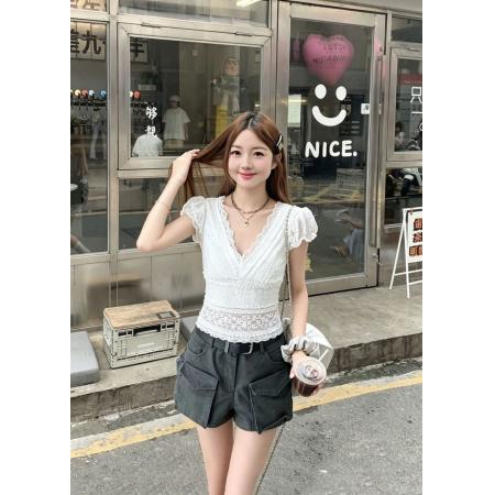 BY24823# 法式蕾丝T恤女夏季V领收腰修身短款小衫小衣